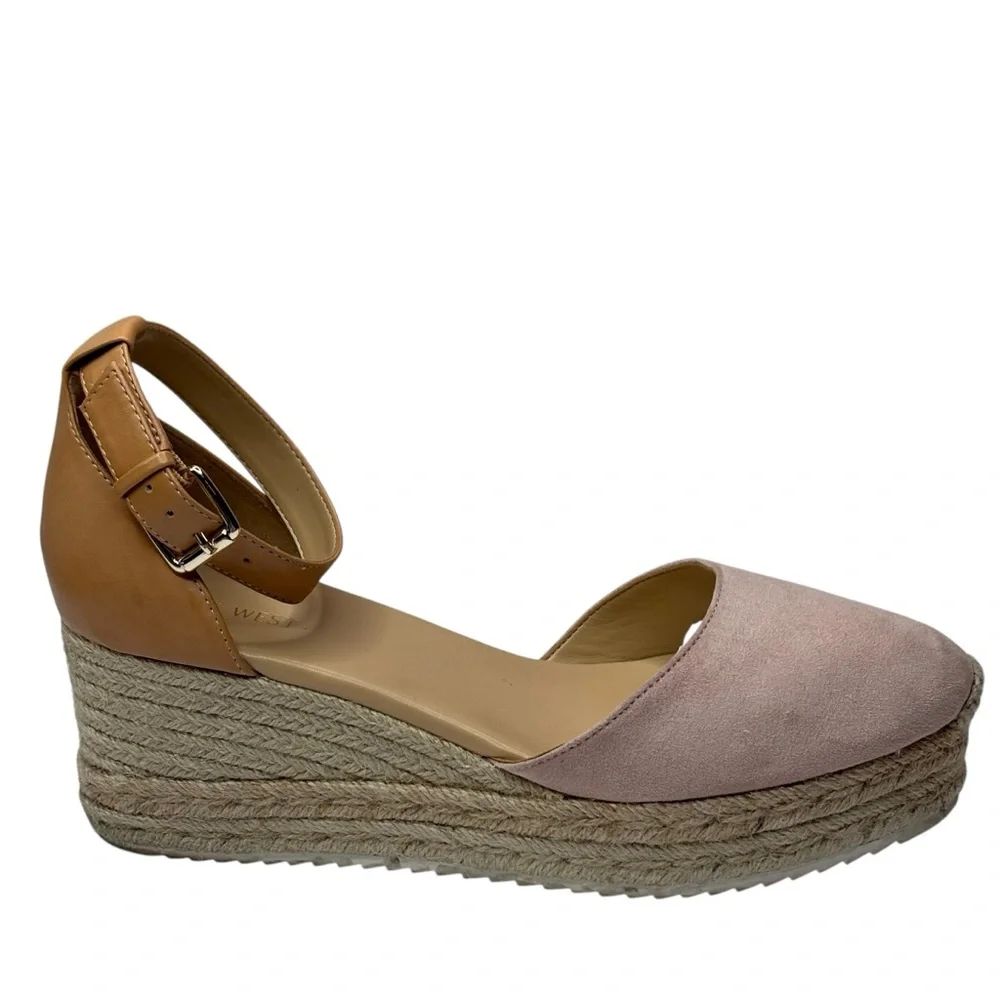 New Nine West Ariela Pink & Beige Espadrille Wedge Sandals Ankle Strap Size 10 M